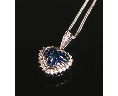 Kette m. Herz-Anhänger 750/585 WG, Anhänger (750) ausgefasst m.: mehreren kl. Brillantenvon zus. 0.40ct u. Saphiren von zus. 