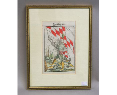 Monogrammist/in "IK", "Ingelheimer Fahnenschwinger", Holzschnitt m. Altkolorit, erschienenin: " Die Wappen des heyligen Römis