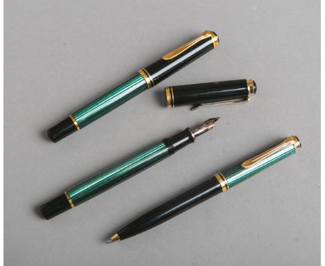 3-teiliges Set von Schreibutensilien (Pelikan), bestehend aus: 2x Kugelschreiber, 1xFüllfederhalter, Feder aus 750 GG/WG, je 