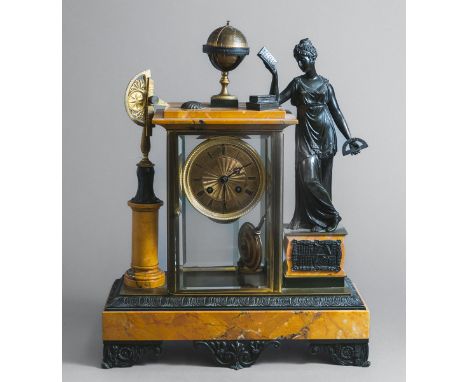 Tischuhr (Frankreich, 19. Jh.), m. Astronomiemotiven, Metall u. Stein, H. ca. 46 cm.Funktion nicht geprüft.