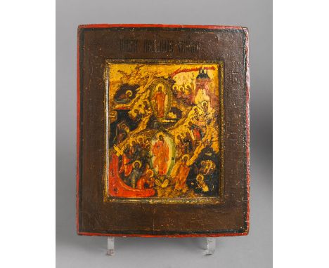 Ikone (Alter u. Herkunft unbekannt), ca. 20,5 x 17 cm, polychrom bemalt m. Goldstaffage.Altersbed. Zustand.