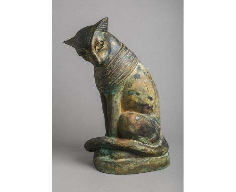 Werkstatt unbekannt, Große sitzende Katze, Metallguss, neuzeitl. Hohlguss n. ägypt.Vorbild, Halsband m. Hieroglyphen versehen
