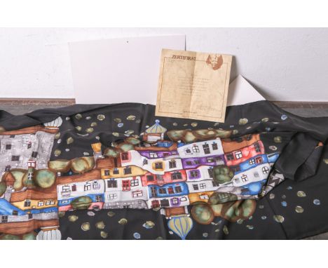 Hundertwasser-Seidentuch "Das Haus", reine Seide Crepe de Chine, schwarzer Fond, im Drucksign., Siebdruckverfahren in 29 Farb