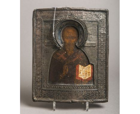 Ikone Russland "Heiliger Nikolaus", (18. Jh.), die Malerei ist auf Holz m. Kreidegrund u.i. Eitempera m. einem Firnis versehe
