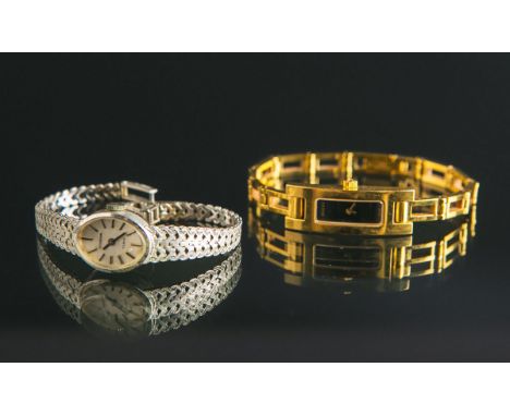 2-teiliges Set von Damenarmbanduhren, bestehend aus: 1x Armbanduhr (Gucci), Timepieces3900L, eckiges Gehäuse, Stahl vergoldet