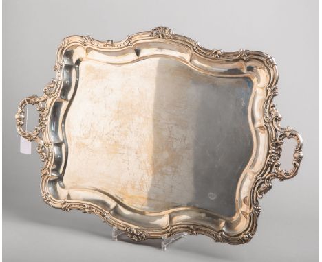 Großes Tablett 835 Silber (19. Jh.), m. seitl. Handhaben, gestempelt: Halbmond u. Krone /Feingehalt / Adler, ca. 61 x 43 cm, 