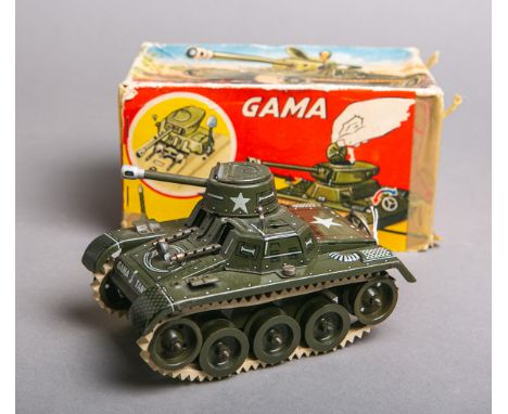 Modellpanzer Typ "60/3/4" (Gama, 1950er Jahre, Western Germany / US Zone), Blechspielzeug,m. orig. Karton. Aufziehschlüssel f