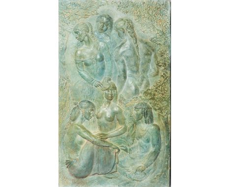 Wandplatte / Relief (Jugendstil), Terracotta, Vorderseite m. grün-grauer Patinierung, m.Darst. versch. Frauen, teils als Akt,
