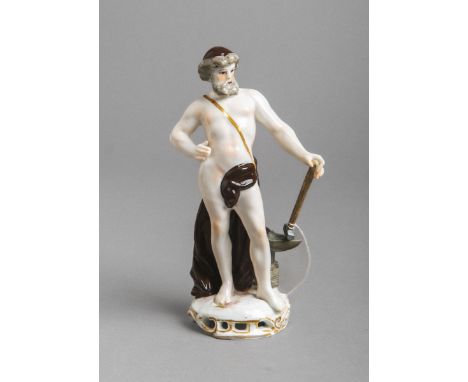 Porzellanfigur "Mann mit Hammer" (Manufaktur Edmé Samson, Paris), polychrom bemalt,Goldstaffage, am Unterboden Marke, H. ca. 
