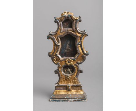 Reliquienbehältnis (wohl Süddeutschland, 18./19. Jh.), Holz geschnitzt m. Resten orig.Fassung in Gold, Silber u. Blau, 3 verg