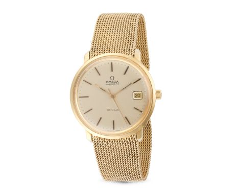 OMEGA, A VINTAGE AUTOMATIC DE VILLE WRISTWATCH in 18ct yellow gold, champagne dial with applied baton hour markers and date a