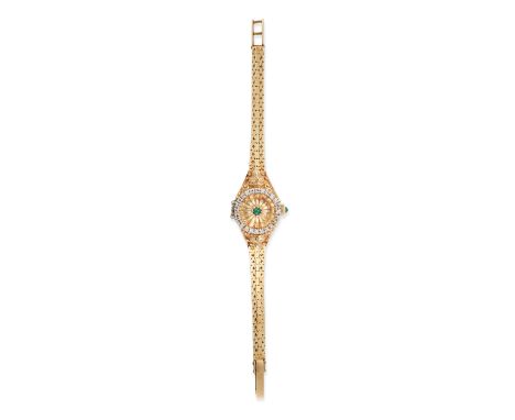 IGOR CARL FABERGE, A VINTAGE EMERALD AND DIAMOND WATCH in 14ct yellow gold, circular champagne dial, emerald hour markers, hi