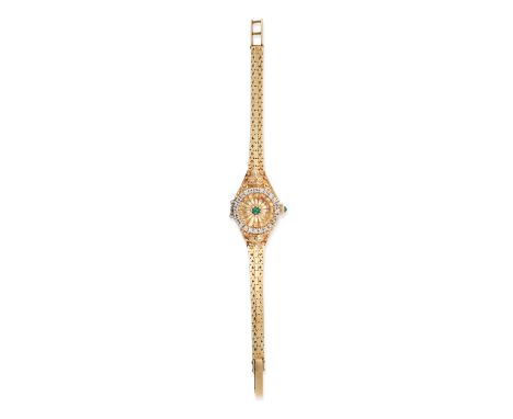 IGOR CARL FABERGE, A VINTAGE EMERALD AND DIAMOND WATCH in 14ct yellow gold, circular champagne dial, emerald hour markers, hi