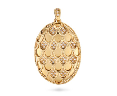 A DIAMOND LOCKET PENDANT the oval hinged pendant designed as scales set with single cut diamonds, opening to reveal two glass
