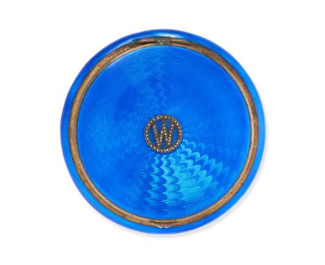 NO RESERVE - AN ANTIQUE ENAMEL AND MARCASITE COMPACT the round compact decorated with blue guilloche enamel, with an applied 