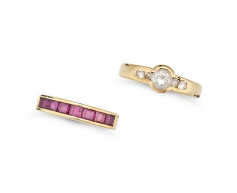 TWO GEMSET RINGS in 18ct yellow gold, comprising a ruby half eternity ring, full British hallmarks, size L1/2 / 6, 5.6g, toge