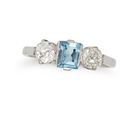 NO RESERVE - AN AQUAMARINE AND DIAMOND THREE STONE RING set with a rectangular step cut aquamarine accented on each side by a