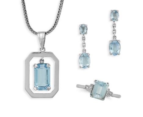 A COLLECTION OF AQUAMARINE JEWELLERY comprising a pendant necklace set with an octagonal step cut aquamarine, suspended from 