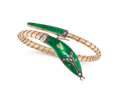 A DIAMOND AND ENAMEL SNAKE BANGLE in 18ct yellow gold, designed as a coiled snake, the head and tail decorated with green ena