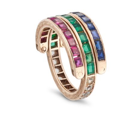 NO RESERVE - A PASTE REVERSIBLE RING the central band set to one half with a row of rectangular step cut green paste and to t