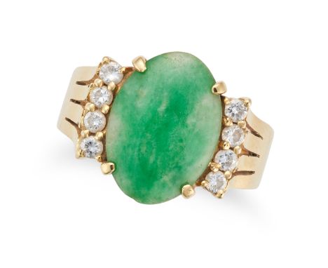 NO RESERVE - A JADEITE JADE DIAMOND DRESS RING set with a cabochon jadeite jade accented by rows of round cut diamonds, stamp