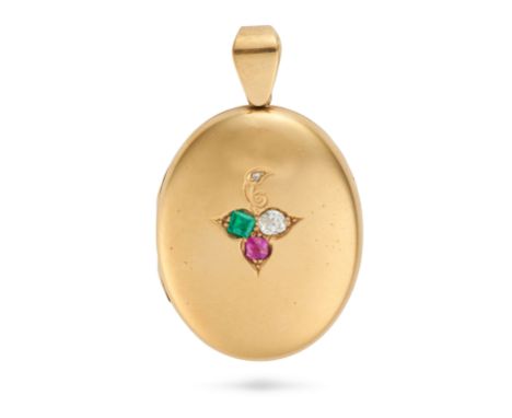 AN ANTIQUE DIAMOND, RUBY AND EMERALD LOCKET PENDANT in yellow gold, the hinged oval locket set with an old cut diamond, a cus