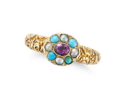 AN ANTIQUE AMETHYST, TURQUOISE AND PEARL RING in yellow gold, set with an oval cut amethyst in a border of cabochon turquoise