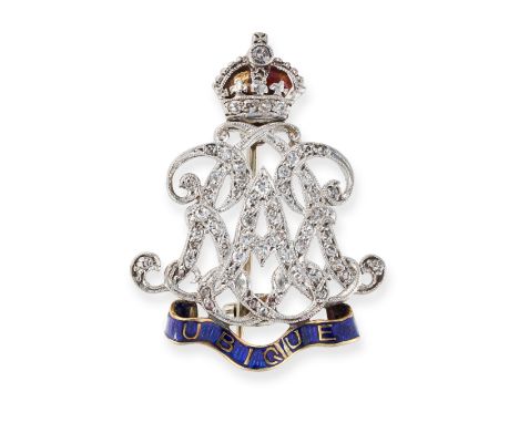 AN ANTIQUE DIAMOND AND ENAMEL REGIMENTAL BROOCH comprising initials RAR set with rose cut diamonds, surmounted by a crown set