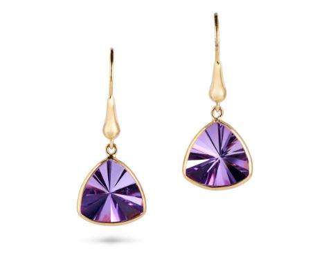 A PAIR OF AMETHYST DROP EARRINGS each suspending a fancy cut amethyst drop, stamped 18K, 3.3cm, 3.4g. 