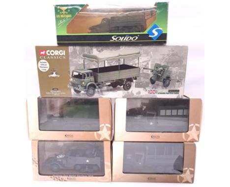 Corgi, Solido &amp; Atlas. Boxed Military group to include Corgi 69902 Bedford MK High Canvas Back with 25lb Gun "British Arm