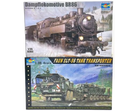 Trumpeter. A boxed pair of 1:35 scale plastic kits comprising of (1) 00217 Dampflokomotive BR86 along with (2) 00203 Faun SLT