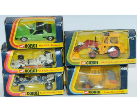 Corgi a boxed group to include 314 Fiat X1/9 Bertone, 54 MF 50B Tractor with shovel and others (see photo). Conditions are ge