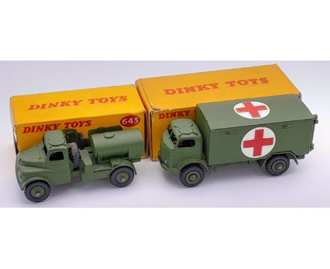 Dinky a boxed pair comprising of 626 Military Ambulance and 643 Army Water Tanker, both models are fitted with blue/yellow in