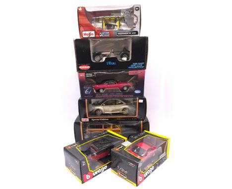 Kyosho, Maisto and similar, a boxed group of 1:18 and 1:24 scale models to include Kyosho Caterham Super Seven, Maisto 1948 C