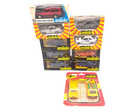 Solido, a boxed group along with 1x carded/blister packed to include No.90 Peugeot 305, No.1062 Talbot "Matra Rancho", along 