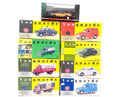 Lledo / Vanguards (1/43rd scale) boxed group to include VA10500 Triumph TR7 in Pharaoh Gold, VA03015 Austin A40 Van "Castrol"