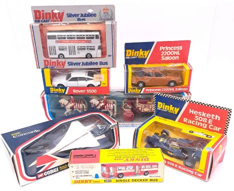 Dinky. A boxed group to include 283 Single Decker Bus "Red Arrow", 222 Hesketh 308E Formula 1 Racing Car, 41 1902 State Landa