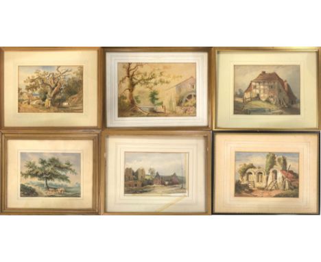 RURAL/BUILDINGS/WATERCOLOURS. Six framed watercolour paintings of rural buildings and scenery. Frames to measure: 15x12.5" (l