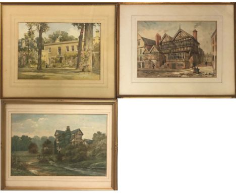 CHESHIRE/WATERCOLOURS. Three framed watercolour paintings to include 'Moreton Hall, Cheshire' signed 'T.F. Evans to measure 2