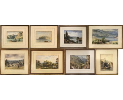 LANDSCAPE/WATERCOLOURS. Eight framed watercolour paintings depicting rural scenes/landscapes. Some with writing to verso, one