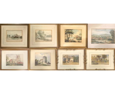 RURAL/BUILDINGS/WATERCOLOURS. Eight items to include seven framed and one mounted watercolour painting depicting buildings in