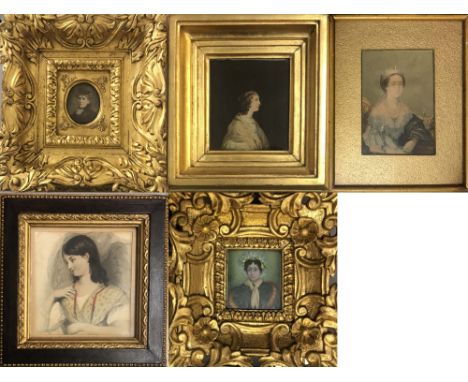 FRAMED PORTRAITS. Five small portraits of women in similar styles with frames to measure: 7.5x7.5", 5.5x6.6", 8.5x9.5", 7.5x7