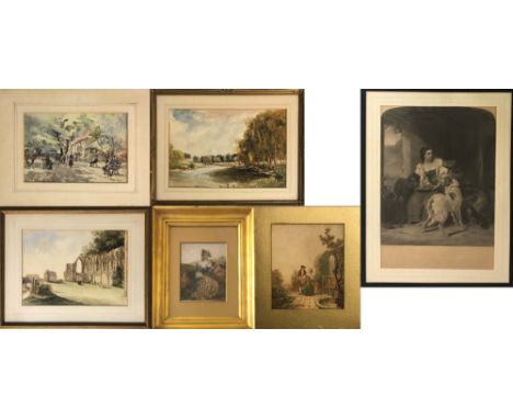 WATERCOLOURS/ENGRAVING. SIx works to include five watercolour paintings (three framed) and one engraving by H.T. Ryell (21.5x