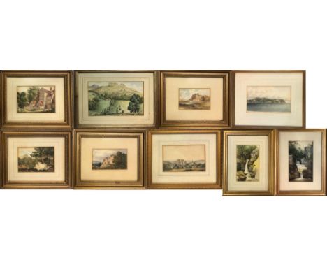 RURAL/WATERCOLOURS. Nine framed watercolour paintings depicting rural scenes/landscapes, some with writing to verso, one read