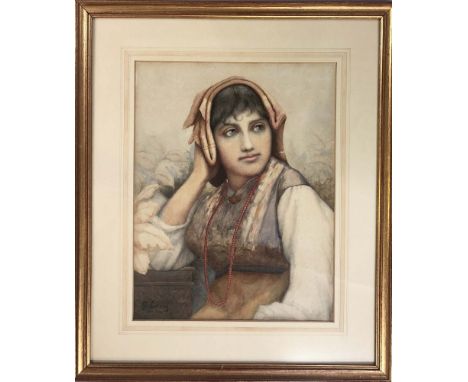 ATTRIBUTED TO E.LONG A framed watercolour portrait of a seated lady, signed to lower left corner seemingly 'E Long 1857, RA',