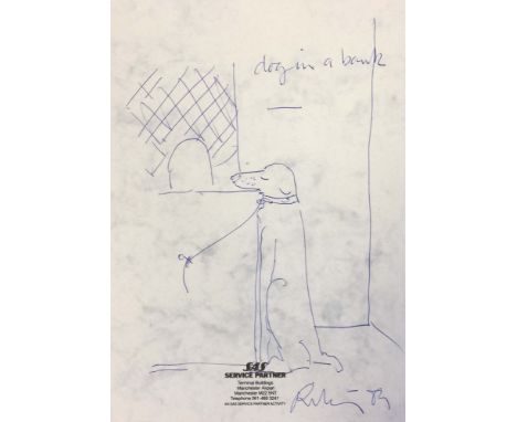 HAROLD RILEY. A 1989 two page card menu, with sketch in ballpoint pen to the verso by Harold Riley, titled 'Dog in a bank' an