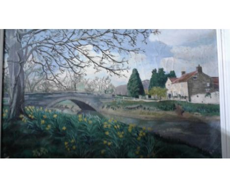 An oil on canvas study depicting bridge over water; a modern portrait print; and one other gilt framed print 
