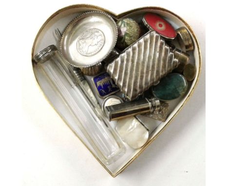 A box containing a silver topped dressing table jar; a silver plated cigarette case; a modern silver dish; various pill boxes