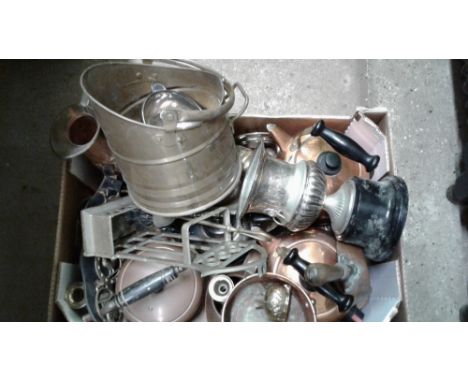 A box containing various metalware to include a brass coal scuttle; a silver plated trophy cup; copper kettles etc.