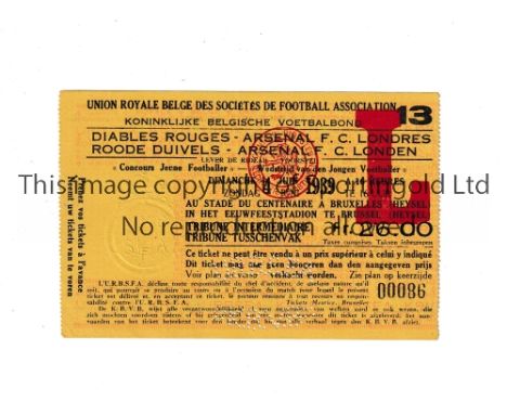 ARSENAL      Ticket for the away Friendly v Diables Rouges (Belgium) 4/6/1939 at the Stade Du Centenaire, Heysel in Brussels.